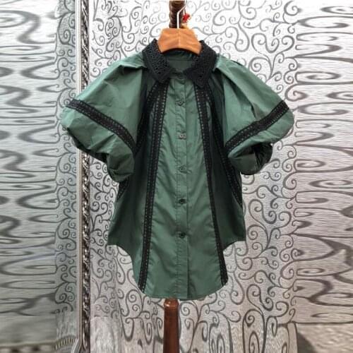 Sweet Puff Half Sleeve Women Shirt Korean Floral Embroidery Turn Down Collar Blusa 2021 Spring Summer Short Blouse