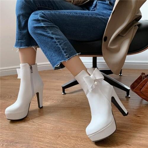 YMECHIC 2021 Fashion Bow White Bride Wedding Shoes Spike Super High Heel Boots Women Black Platform Ankle Boots for Women Winter