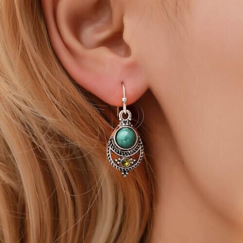 Natural Blue Stone Pendant Carving Hollow Yellow Green Retro Silver Plated Zircon Women Dangle Earrings & Drop Earrings