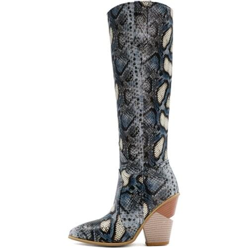 Winter For Woman New Fashion Pointed Toe Shoes Concise Pink Serpentine Knee High Boots Wedges Back zipper Big Size 45 46 47 48