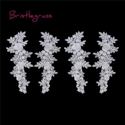 BRISTLEGRASS 1 Pair Embroidered Rose Flower Vine Applique Patches Tulle Mesh Lace Trim Bridal Wedding Dress Costume Sewing Craft