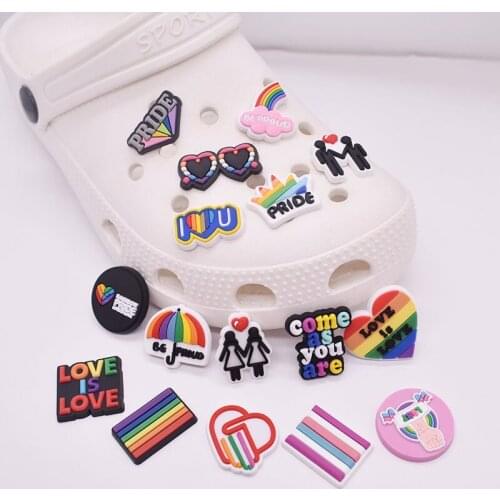 1pc Rainbow Love Gay Lesbian Shoe Charms Buckle Accessorie PVC For Clogs Garden Shoe Decoration Croc jibz Girl Party X-mas Gifts