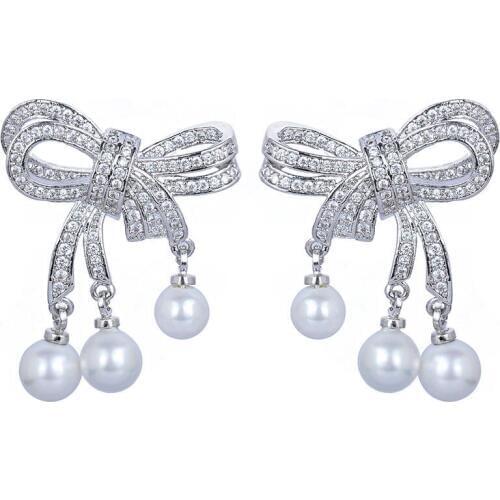 2016 Cute Bow Earrings Real white Gold Color Imitation Pearl dangle earrings Genuine AAA CZ Crystal drop Earrings GLE4746