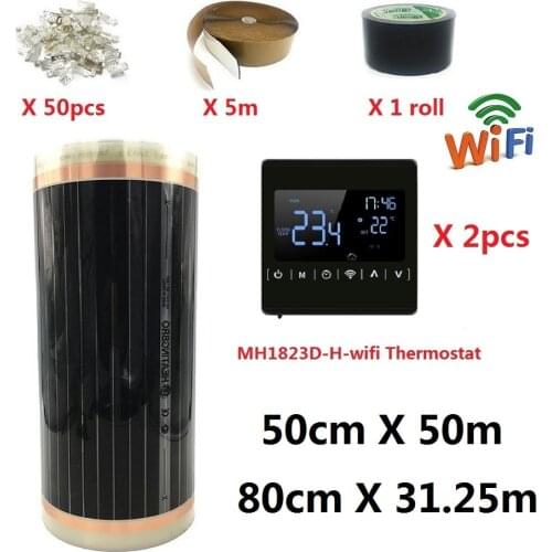 25m2 Infrared Carbon Heating Film 220w/m2 50cmX50m/80cmX31.25m Warm Floor Mat Kits with Smart WiFi Thermostat Selection