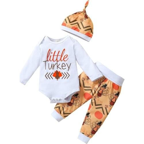 Little Turkey Newborn Baby Boy Girl Long Sleeve Cotton Bodysuit Tops Long Pant Hat 3PCS Autumn Cothing Set