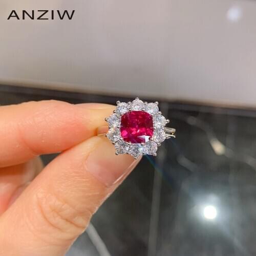 ANZIW Sterling Silver Square Cushion Cut Lab Created Ruby Halo Engagement Ring With Adjustable For Women Jewelry Gifts