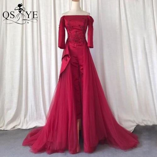 Long Deep Red Prom Dresses Off Shoulder Satin Evening Gown Bead Lace Appliques Formal Dress Tulle Skirt Party Dress with Pants