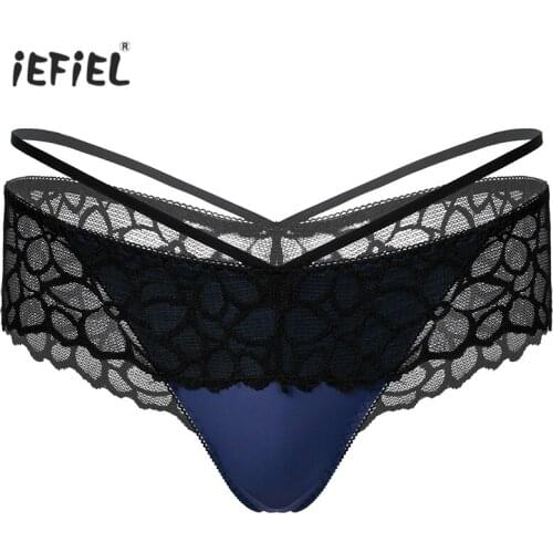 Mens Lace Panties Sexy Transparent Lace Skirted T-back Thongs Underpants Sissy Gay Underwear Elastic Waistband G-string Briefs