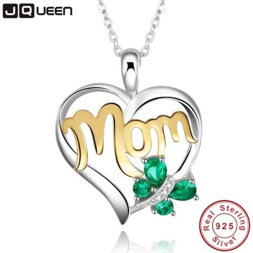 JQUEEN Mom Necklace 925 Sterling Silver Emerald Butterfly Necklace Mothers Day Gift For Women Family Jewelry with Gift box