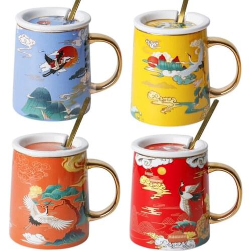 Creative National Tide Style Festive Mug With Spoon And Lid Personality Ceramic Cup Chinese Style Couple Coffee Water Cup