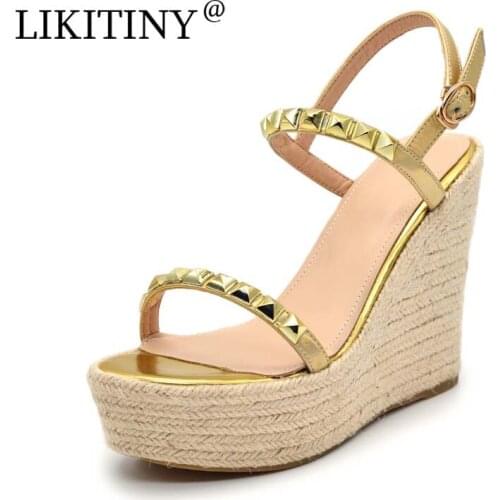 LIKITINY 2021 Summer high heels wedges platform straw Sandals wowens shoes buckle strap casual open toe genuine leather gold