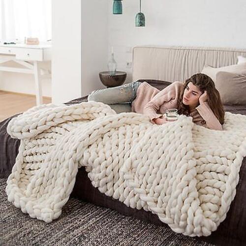 Fashion Hand Chunky Knitted Blanket Thick Yarn Wool-like Polyester Bulky Knitted Blankets Winter Soft Warm Throw Drop Shipping