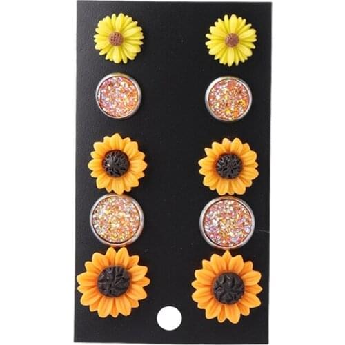 Fashion Metal Gypsophila Stud Earrings Sets Bright Sunflower Flower Acrylic Earrings For Women Cute Girl Jewelry 5 Pairs /set