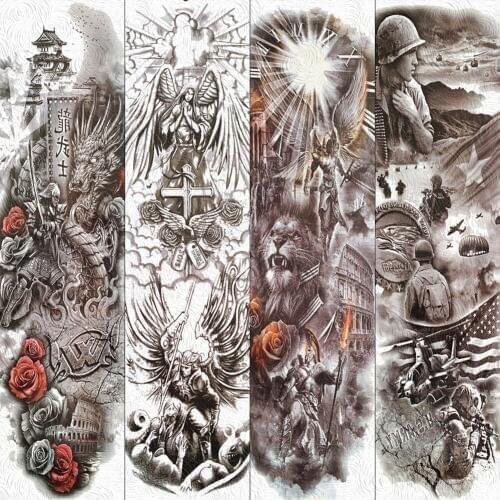 FANRUI Waterproof Cross Angel Full Arm Tattoo Temporary For Men Women Fake Tattoo Sticker Lion Warrior Wing Body Art Tatoo Paper