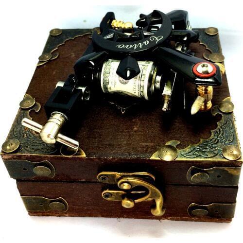 NEW Liner/Shader Black Star Tattoo Machine Gun 10 Wrap Coils Supply Ink Kit needles supply with Classical wood Tattoo box