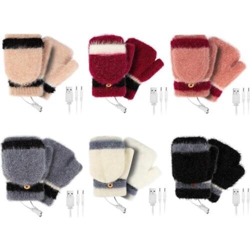 Fingerless Gloves Laptop Women Men USB Heated Mitten Half Finger Winter Warm Knit Hand Gloves Stripe Mittens For Office Worker