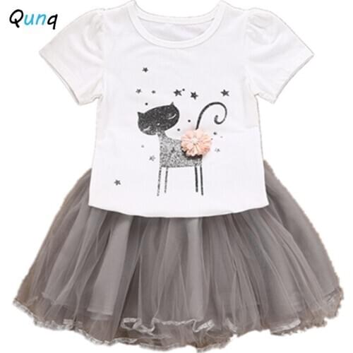 Qunq Brand Summer Girls Clothes Cat T-shirt Mesh Skirt Children Princess Clothing Set 2 3 4 5 6 7 Year Kids Suits 2020 New