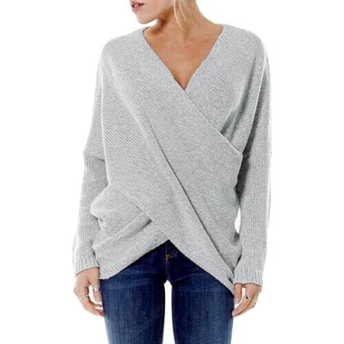 Womens Clothing Sweater V Neck Cross Front Irregular Hem Long Sleeve Solid Color Sweater Jumper Femme Pullover