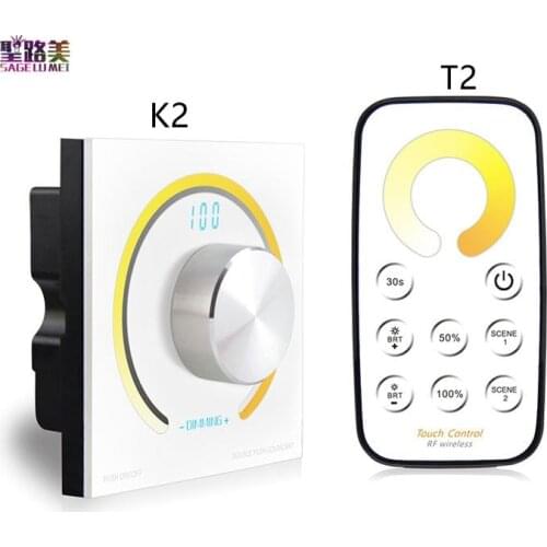 T2+K2 LED Constant Voltage Controller Rotary CCT touch panel dimmer RF wireless remote Knob panel color temperature controller