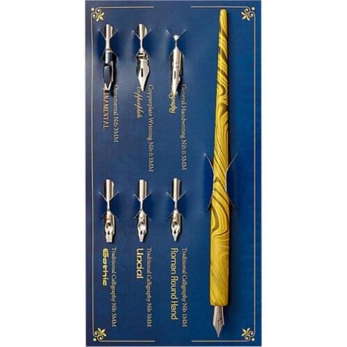 W3JD Marble Wood Manga Calligraphy Dip Pen Holder with 6 Nibs for Lettering Skiching