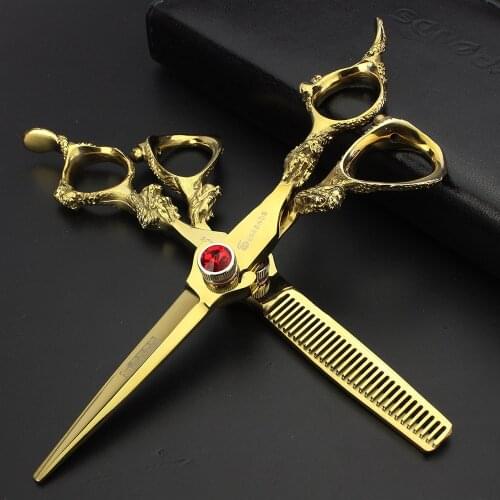 Japan 440C professional hairdresser scissors 6 inch barber hair scissors personalized gold ruby style hairdressing scissors set