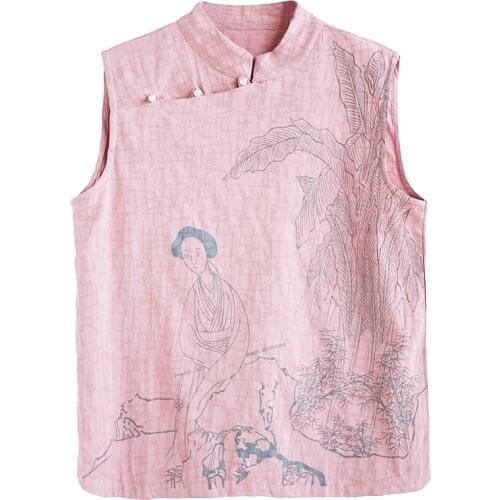 Printing Linen New Women Qipao Shirt 2021 Chinese Style Elegant Sleeveless Tops Stand Collar Vintage Cheongsam Blouse Z058