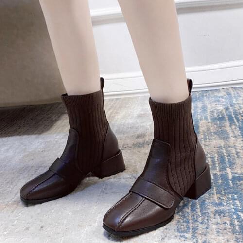Rimocy High Quality Pu Leather Ankle Boots for Women Soft Elastic Knitting Square Heel Shoes Woman Elegant Square Toe Booties