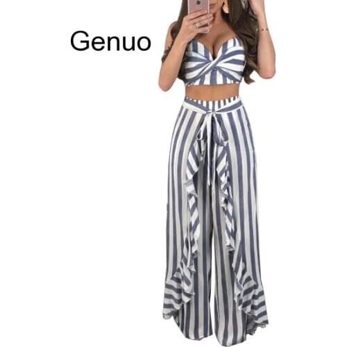 Boho Suits For Women Sexy Striped Ruffled Wide-leg Pants Casual Fashion Suit Irregular Patchwork Two Pieces Set Femme 2020