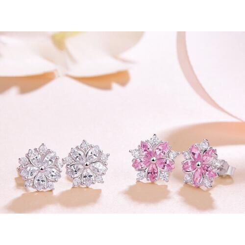 WYJZY Flower shape ladies temperament earrings pink flower type zircon earrings Korean casual with student earrings