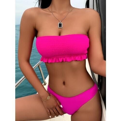 Plus Size Tube Top Swimwear Sexy Ruffle Swimsuit Female Bandeau Two Pieces Bikini Set Women Summer High Cut Bather Swimming Suit