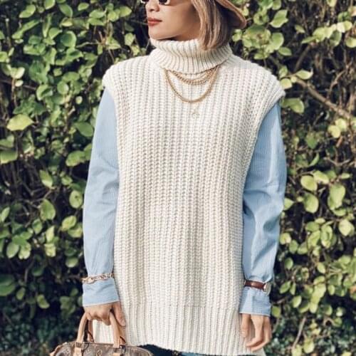 PUWD Vinatge Woman Loose Basic Turtleneck Knitted Vest Autumn Winter Fashion Ladies Oversized Thick Tank Female Chic Sweaters