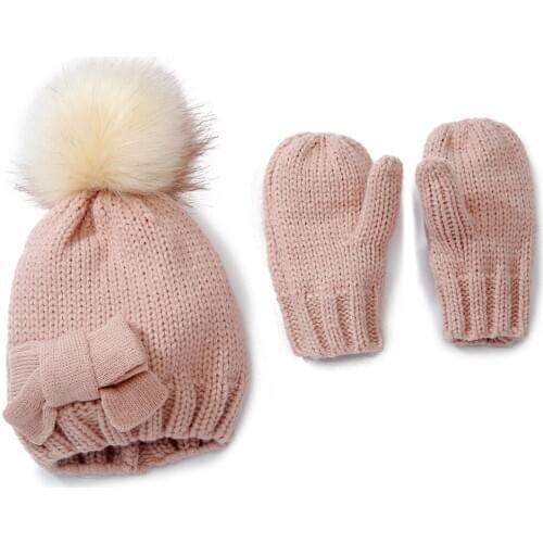 2Pcs Childrens Knitted Beanies Hat Glove Winter Boy Girl Soft Warm Cotton Bow Cap for Newborn Baby Toddler Kids Elastic Cute