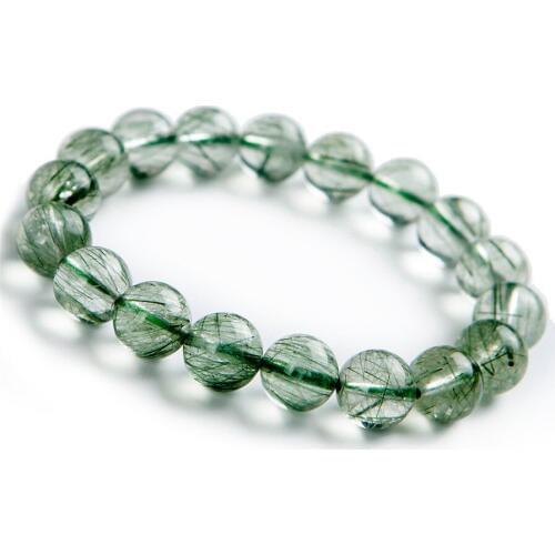 2017 New Arrival Drop Shipping 11mm Brazil Natural Green Rutilated Quartz Crystal Round Bead Stretch Bracelet