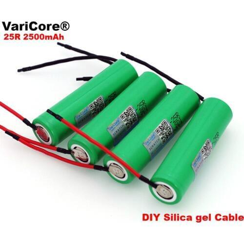 6pcs/lot VariCore New 18650 2500mAh Rechargeable battery 3.6V INR18650-25R 20A discharge + DIY Silica gel Cable