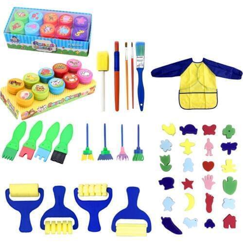 62Pcs Kids Children Painting Foam Sponge Brush Apron Tools Kit Nursery School Early Education Learning Drawing Artist Toys Gifts