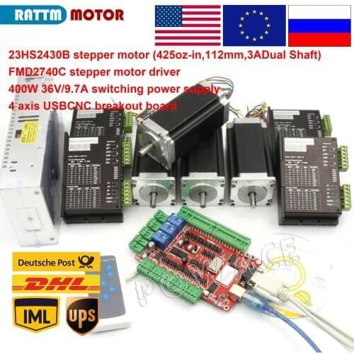 CNC 4 Axis Nema 23 stepper motor kit 112mm(Dual shaft) 425oz-in & FMD2740C 50V 4A Motor Driver & 4 axis USB port breakout board