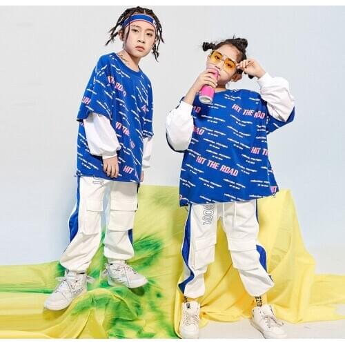 Kids Hip Hop Clothing Blue Letter Print Oversize Sweatshirt Tops Running Casual Pants Girls Boys Jazz Dance Costumes Street Wear