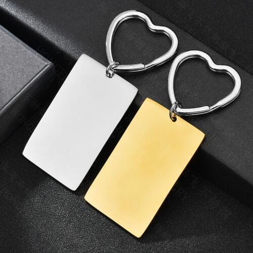 100% Stainless Steel Rectangle Key Chain Blank For Engrave Metal Rectangle Charm Heart Key Ring Mirror Polished Wholesale 10pcs