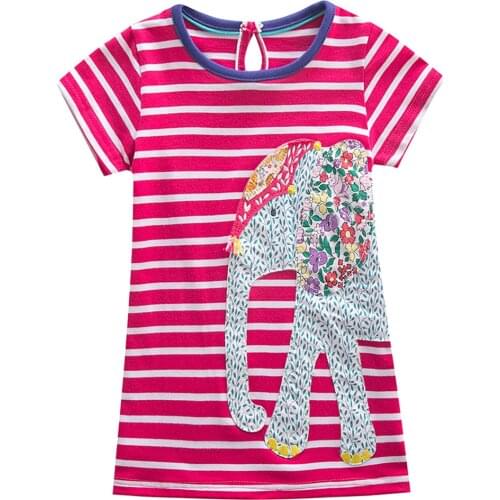Jumping Meters Short Sleeve Girls Party Dresses Cotton Stripe Tunic Baby Girls Summer Clothes Kids Fashion Elephant Frocks