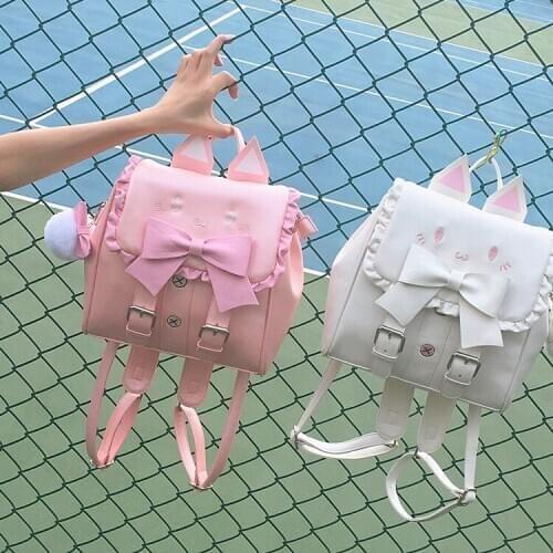 Lolita Kawaii Cat Bow PU Backpack Women Lovely Embroidered Cat Ears School Bag Teenager Girls Cartoon Pink Travel Shoulder Bags