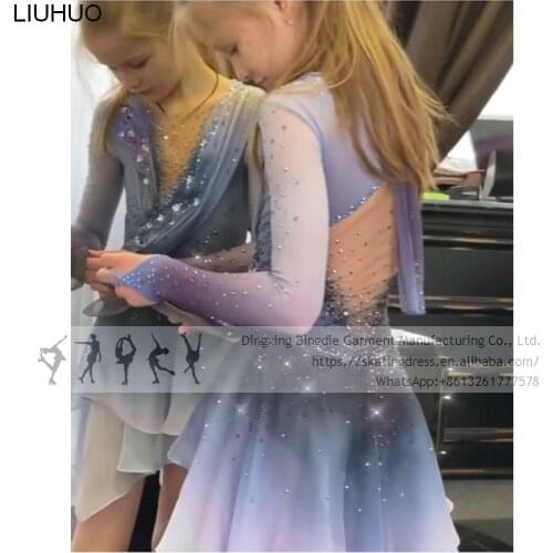 Figure ice skating dress women Girls Kids Long Sleeves Ice Skating Skirt Child Quality Crystal Skating Skirt Competition Dresses