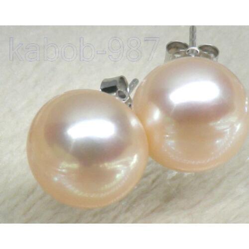 FINE perfect bread AAA+10.5mm pink akoya pearl earring solid 14K/20 white gold