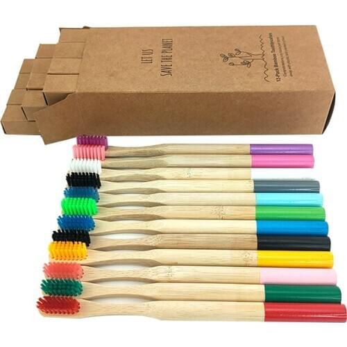 Hot 12pcs/pack Bamboo Toothbrush Mixed Natural Color Eco Friendly Wooden Tooth Brush Solid Bamboo Handle Toothbrush