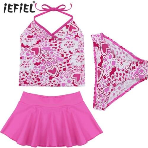 Baby Girls Halter Print Top Bikini Sets Summer Beachwear 3PCS Kids Girls Halter Top with Bottom and Skirt Swimsuit Children Set