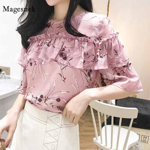 All-match Printed Womens Cloth 2020 Summer New Short Sleeve Top Female Chiffon Blouse Ruffled Super Short Shirt Women 10036