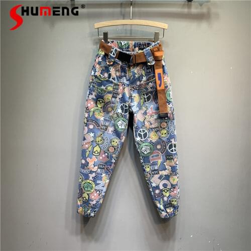 2021 Spring Summer Personalized Cartoon Pattern Ladies Denim Harem Pants Korean Women New High Waist Loose Limming Skinny Jeans