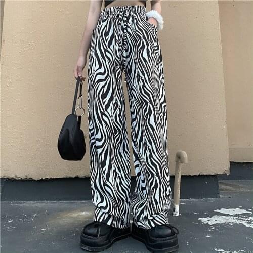 Women Spring Summer New Fashion Zebra Pattern Wide-leg Pants Retro Pants High Waist Loose Casual Long Pants Female Thin Trousers