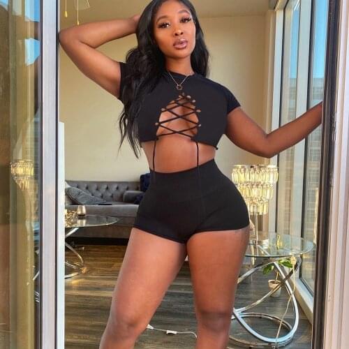 Black Women Fitness Two Piece Short Set Summer Outfits Lace Up Hollow Out Short Sleeve Crop Top+high Waist Bodycon Biker Short