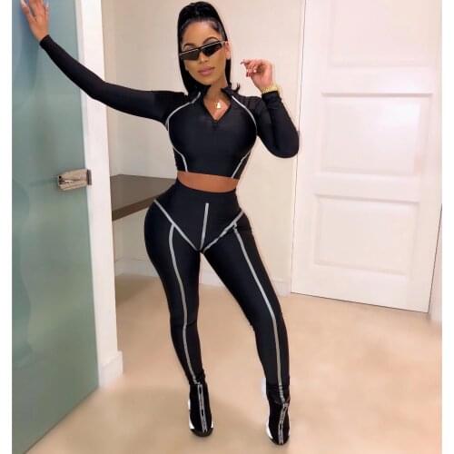 2021 Summer New Womens Color Matching Zipper High Waist Sports Casual Pants Two Piece Suit Cool Girl Style