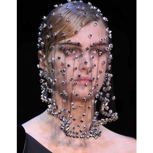 High End White Black Mesh Face Veil Headwear Handmade Luxury Rhinestone Bead Bride Veil Wedding Party Church Women Headdress New